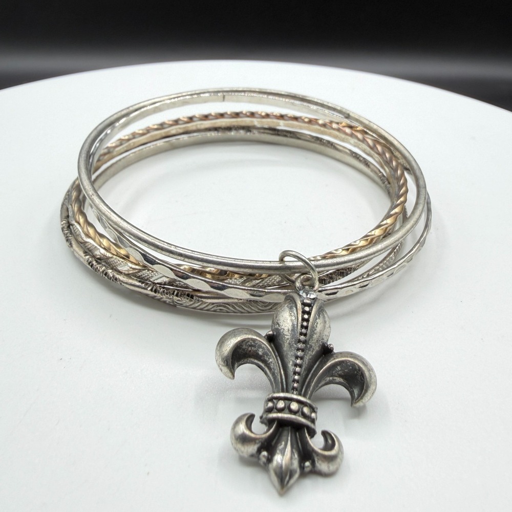 Mixed Metal Bangle Bracelet Stack Fleur de Lis Charm Boho Gothic Statement Gift